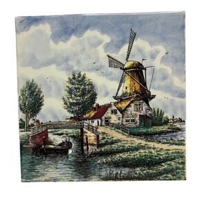 Delftware Vintage Ceramic Tile Hand Painted Wall Hanging Windmill Boat Bridge 6"